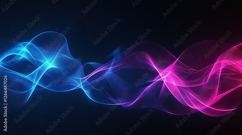 Poster abstract dynamic gradient waves in neon blue and pink, creating a futuristic and high-tech visual.