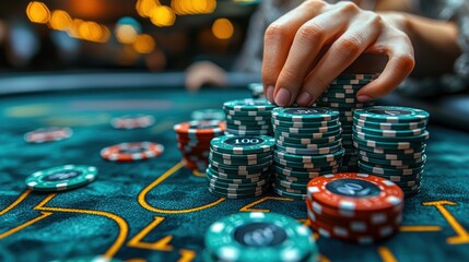 A hand placing poker chips on a casino table, showcasing gambling activity.