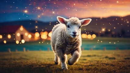 A cute lamb runs joyfully in a scenic landscape during twilight, surrounded by soft lights.