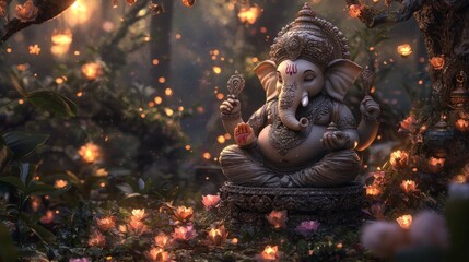 Fototapeta premium Lord Ganesha seated on a decorated pedestal with soft ambient lighting, radiating peace and devotion.