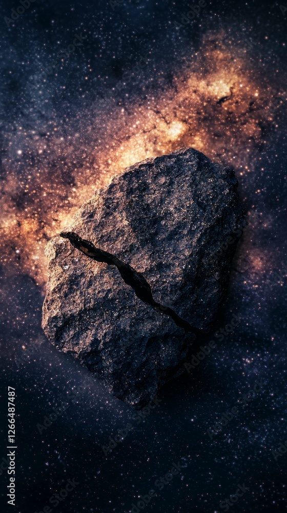 Poster rock fragment in cosmic space with colorful galaxy background