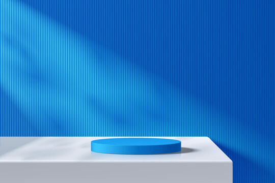 3D blue podium white table background with vertical pattern wall. Abstract composition minimalist design. Studio display showroom cosmetic stand product pedestal, Fashion stage showcase mockup scene.