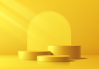 3D yellow round podium set background with arch backdrop. Abstract geometric composition in minimalist design. Studio display showroom product pedestal, Luxury fashion stage showcase mockup wall scene