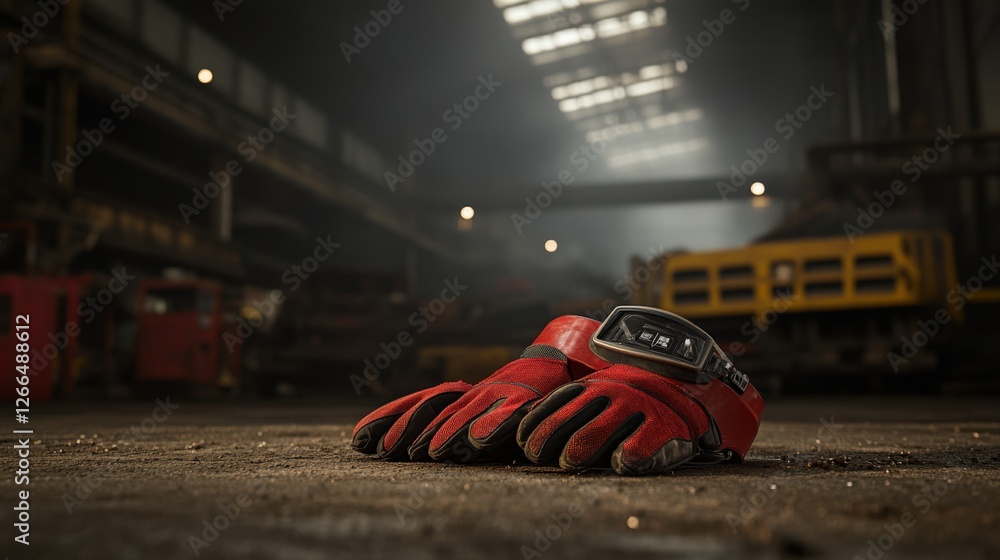 Poster close-up of red work gloves and a watch on a dusty factory floor with machinery in the background
