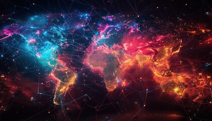 World night view futuristic international telecommunication network, concept about global connection and information, background with colourful dynamic gradient line flows connecting cityspace