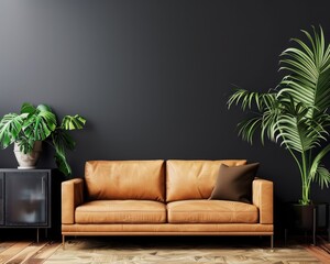 Fototapeta premium A brown leather sofa with pillows sits in front of a black wall with green plants in pots on each side. creating a minimal living room design