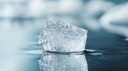 Clear Ice Cube Floating on Calm Water Surface with Reflection