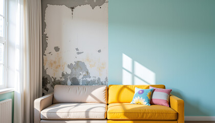 Contrast of old and new living room - showcasing renovation potential for home improvement and design