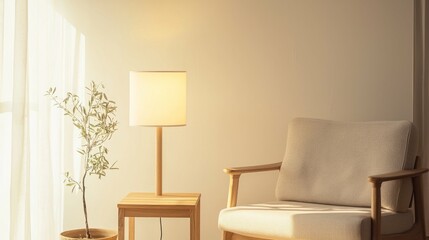Cozy and Bright Minimalist Living Room with Soft Lighting and Greenery