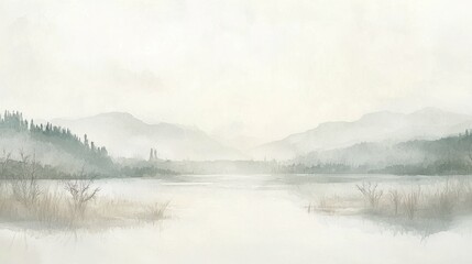 Fototapeta premium Serene Misty Landscape Over Tranquil Lake and Mountains in Fog