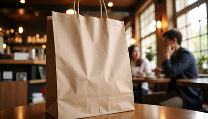 Paper bag on a cafe table - sustainable takeaway option for restaurant branding