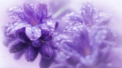 Naklejka premium Close-up of Lavender Flowers with Water Droplets and Soft Purple Hues