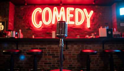 Vintage microphone in comedy club with neon sign - ready for a stand-up performance for entertainment promotion