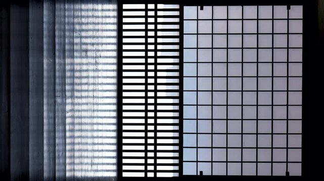 紙と木で作られた伝統的な日本の障子窓に風が吹いて暖簾が揺れる【縦型動画】