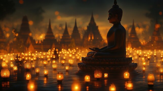 Bokeh photo of buddha statue silhouette and borobudur temple with lantern in the sky night background