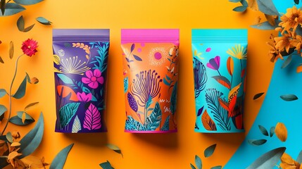 Vibrant Floral Packaging Design: Three Unique Pouch Designs with Bold Colors and Intricate Botanical Illustrations