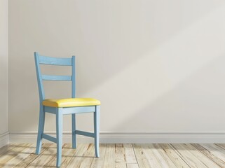 A single blue chair with a yellow seat sits in a room with a white wall and wood floor