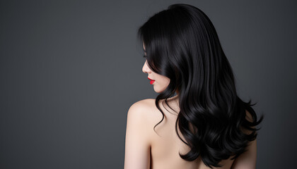 Striking asian woman with dark wavy hair and generous blank space - versatile image for product placement and beauty blogging