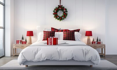 A cozy Christmas bedroom with a white bed. red plaid pillows. a red and green wreath. and a wrapped gift on the bed
