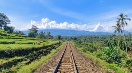 Obraz premium A scenic view of railway tracks leading through lush greenery and mountains under a blue sky.