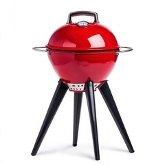 Compact Red Kettle Grill on Tripod Stand for Outdoor Cooking, Generative AI.