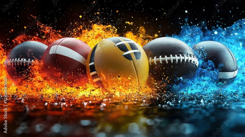 Poster a dynamic display of various sports balls surrounded by colorful splashes.