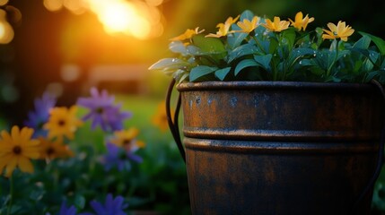 Sunset garden flowers in metal pot, backyard bokeh