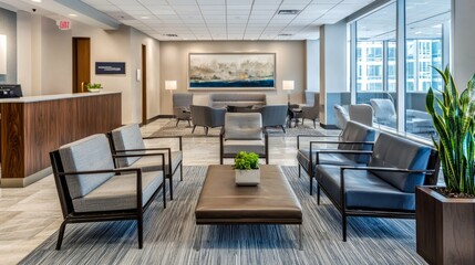 Fototapeta premium Modern Office Lobby with Comfortable Seating and Elegant Decor