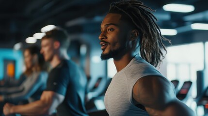 Fototapeta premium Man with dreadlocks exercises on a treadmill at the gym