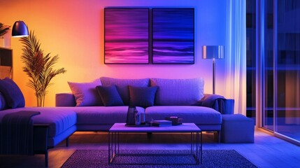 Cozy Modern Living Room with Vibrant Lighting and Soft Textures