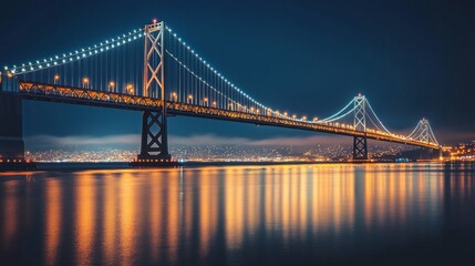 Obraz premium Illuminated Bay Bridge at Night with Reflections on Water Surface