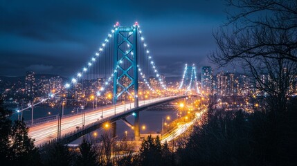 Obraz premium Nighttime View of Illuminated Suspension Bridge with City Background