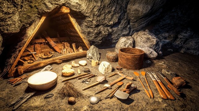 Prehistoric tools and artifacts displayed in a cave