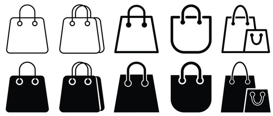 shopping bag icon set, shopping bag Vector icon, Shopping bag feel and outline icon.Online shop, E-commerce, paper bag symbol for apps and websites. Vector illustration. isolated on white background. 