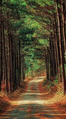 Obraz premium Serene Pathway Through Lush Green Pine Forest in Autumn Colors