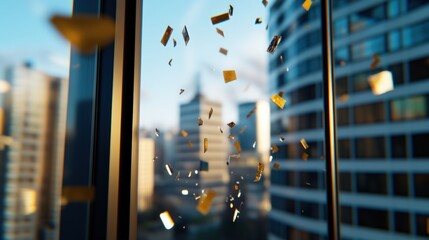 Obraz premium Golden confetti falls city window celebration
