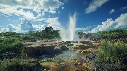Fototapeta premium Majestic Geyser Erupting into the Sky Surrounded by Lush Wilderness