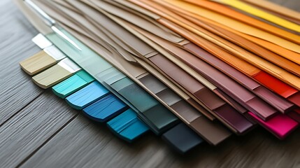 Color palette guide on wooden table, closeup. Interior design concept