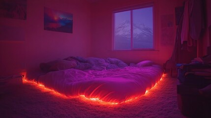 Illuminated bedroom, mountain view, cozy night, LED lights, sleep