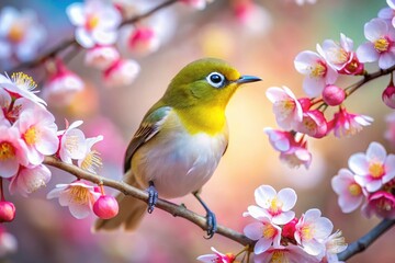 Japanese plum blossoms frame a warbling white-eye; a surreal, dreamlike avian portrait.