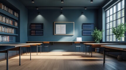 A modern study room with wooden tables, bookshelves, and natural light filtering in through large windows.