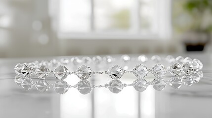 Sparkling diamond necklace arranged beautifully on a white surface, emphasizing luxury and glamour, copy space.