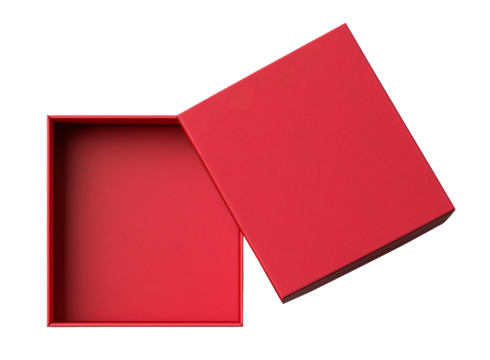 Opened empty red box with lid isolated on transparent background, top view