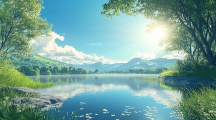 Calm Lake Surrounded by Lush Greenery Under a Bright Blue Sky