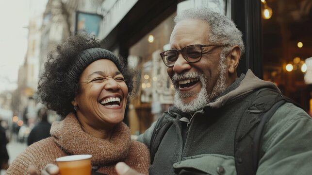 Joyful Interactions: An Elderly Black Couple Sharing Laughter Outside a Cozy Café in an Urban Setting During the Chill of Late Autumn