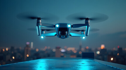 A  sleek drone or futuristic quadcopter with a metallic body, glowing LED indicators, and high-tech camera equipment taking off