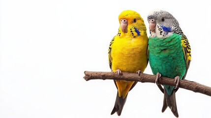 Obraz premium National Pet Day Cat Dog Colorful parakeets perched on a branch.