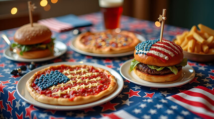 Festive table filled with a variety of delicious foods, all covered with American flag patterns