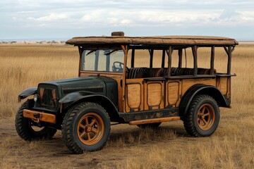 Obraz premium An antique wooden safari vehicle parked in a grassy landscape, showcasing rustic charm and natural tones against a cloudy sky.