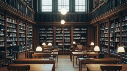 Serene Interior of a Classic Library with Wooden Furniture and Lights